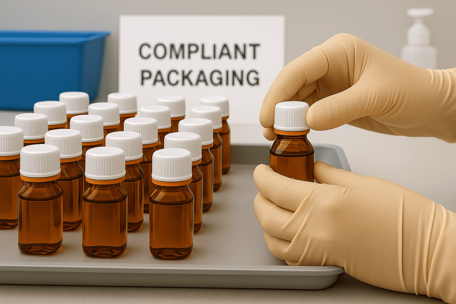 Gloved hands sealing a methadone take-home bottle with a one-step closure cap in a clinic setting