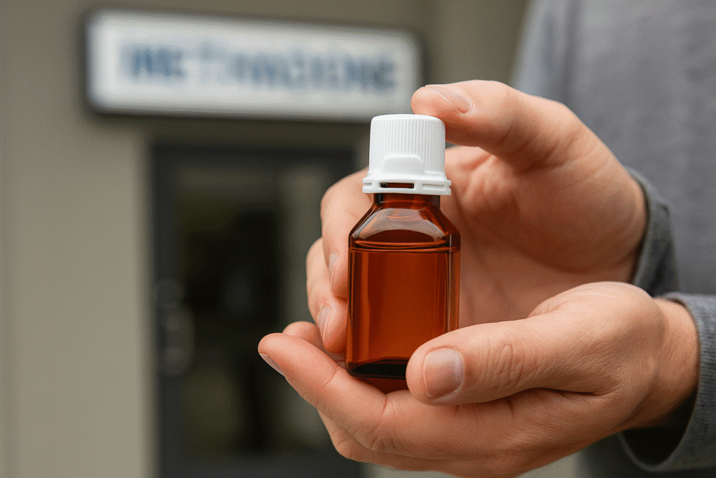 Patient holding a sealed methadone bottle with a tamper-evident cap outside a clinic.