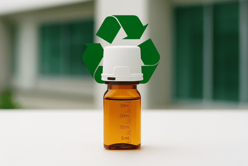 Amber methadone bottle with tamper-evident cap centered in front of a green recycling symbol, promoting sustainable clinic packaging.