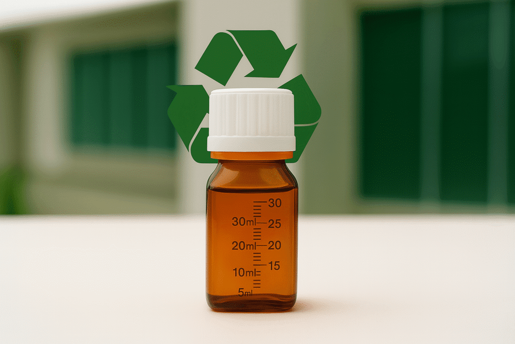 Amber methadone bottle with tamper-evident cap centered in front of a green recycling symbol, promoting sustainable clinic packaging.