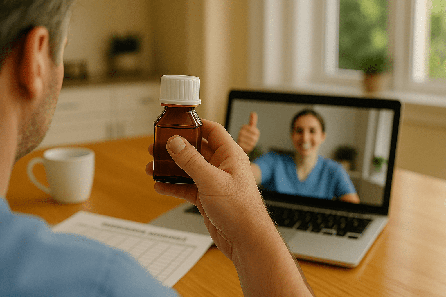 Patient holds a sealed MethaLock bottle to a laptop camera so a nurse can verify the breakaway band during a Telehealth MAT efficiency check.
