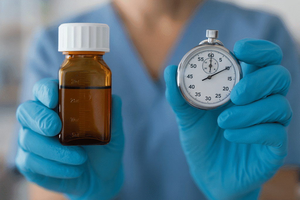 Stopwatch fused with a sealed MethaLock methadone bottle, symbolising faster, safer clinic workflows.