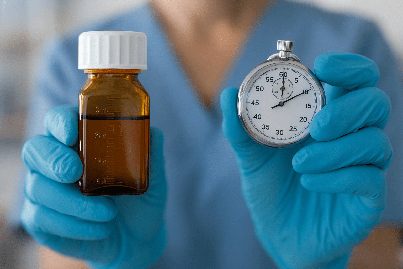 Stopwatch fused with a sealed MethaLock methadone bottle, symbolising faster, safer clinic workflows.